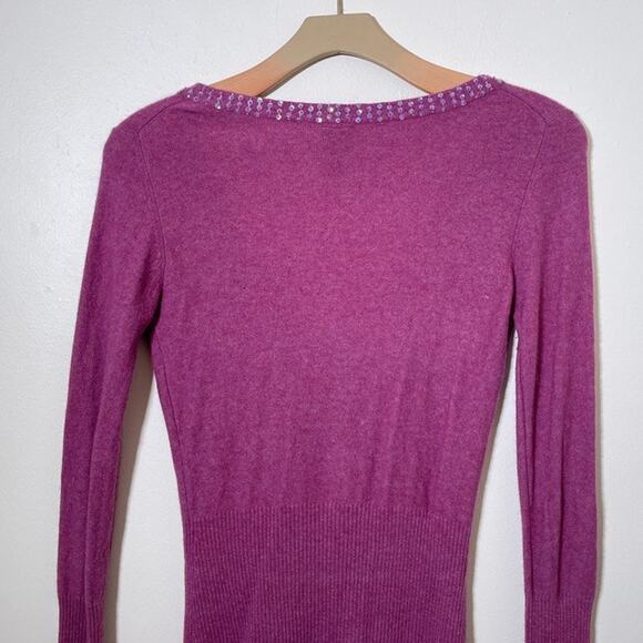 Vintage Y2K Plenty Wool Blend Magenta Deep V Cardigan / Sz L / Fitted Sequined - Picture 5 of 10